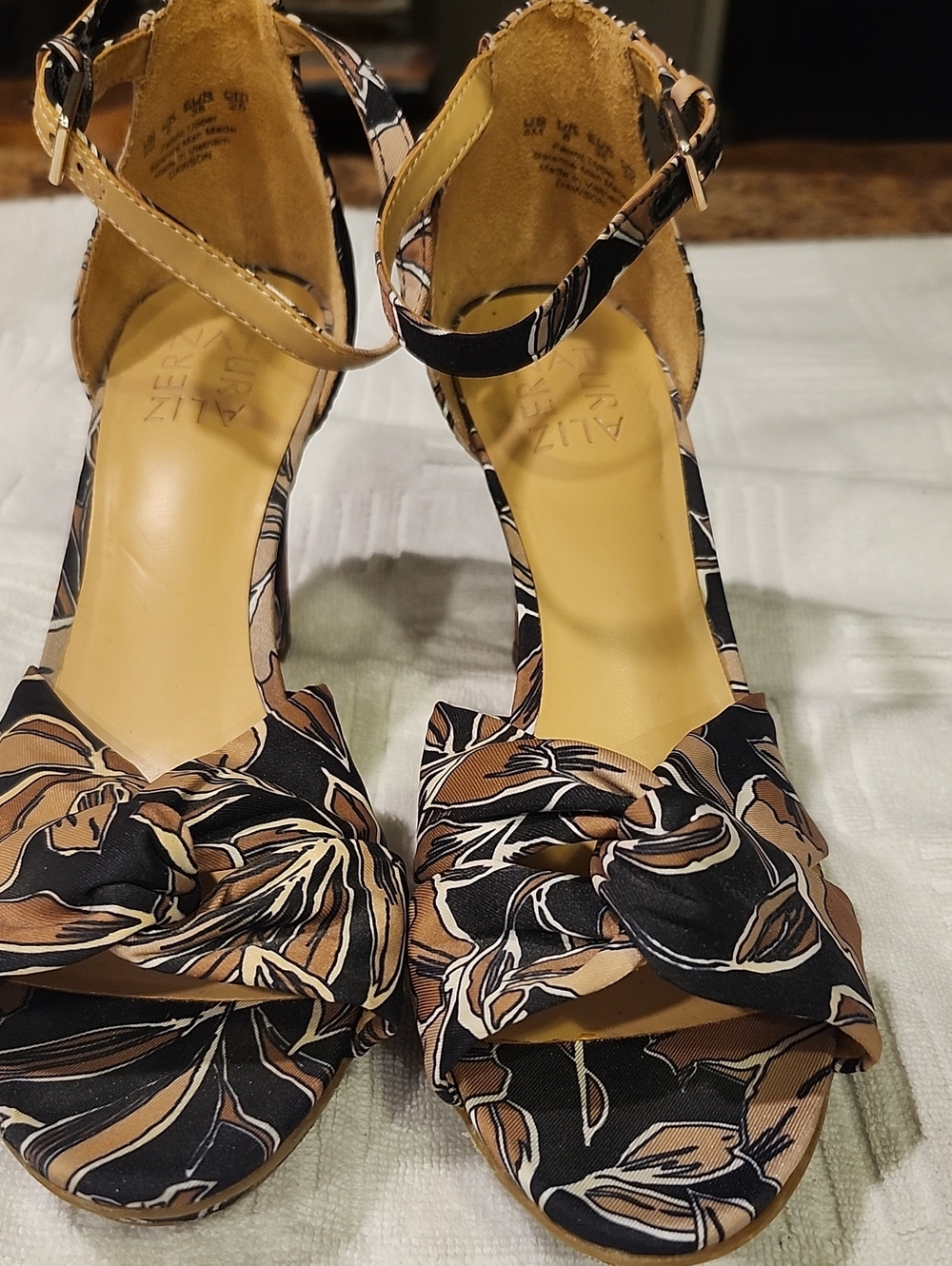 Naturalizer Black and Tan Floral Knot Ankle-Strap Heels